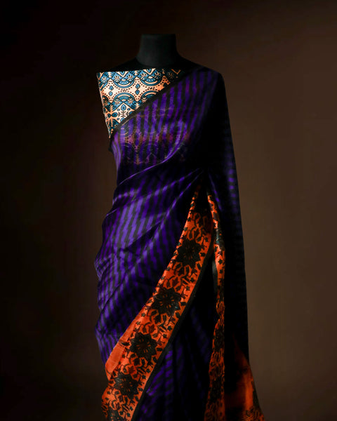Royal Purple & Burnt Orange Organza Saree with Designer Stripes – Uddup Silk
