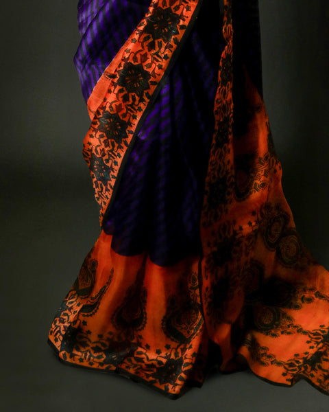 Royal Purple & Burnt Orange Organza Saree with Designer Stripes – Uddup Silk