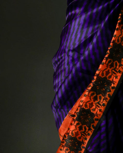 Royal Purple & Burnt Orange Organza Saree with Designer Stripes – Uddup Silk