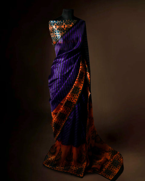 Royal Purple & Burnt Orange Organza Saree with Designer Stripes – Uddup Silk