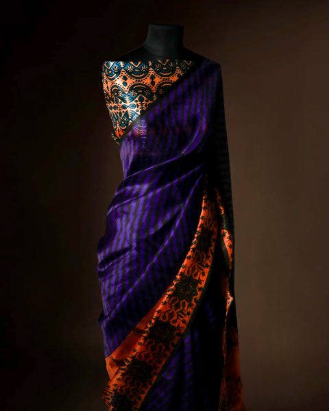 Royal Purple & Burnt Orange Organza Saree with Designer Stripes – Uddup Silk