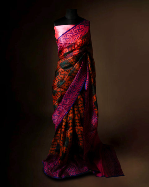 Sunset Orange & Magenta Organza Saree with Geometric Prints – Uddup Silk