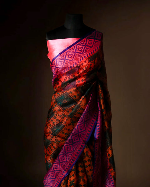 Sunset Orange & Magenta Organza Saree with Geometric Prints – Uddup Silk