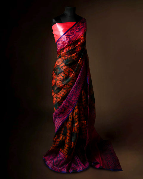 Sunset Orange & Magenta Organza Saree with Geometric Prints – Uddup Silk