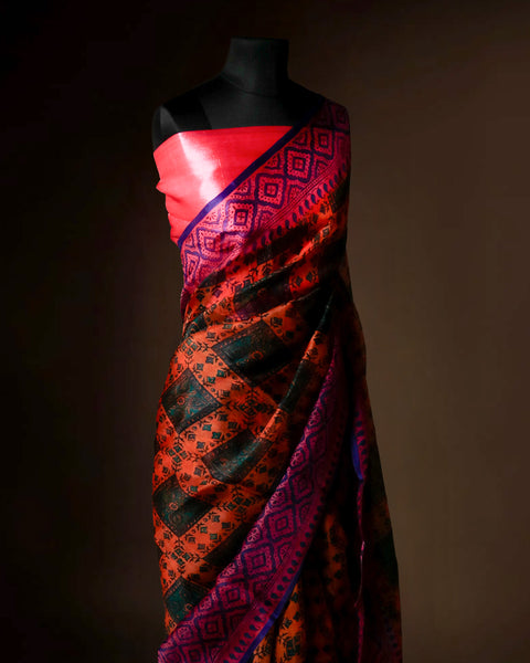 Sunset Orange & Magenta Organza Saree with Geometric Prints – Uddup Silk