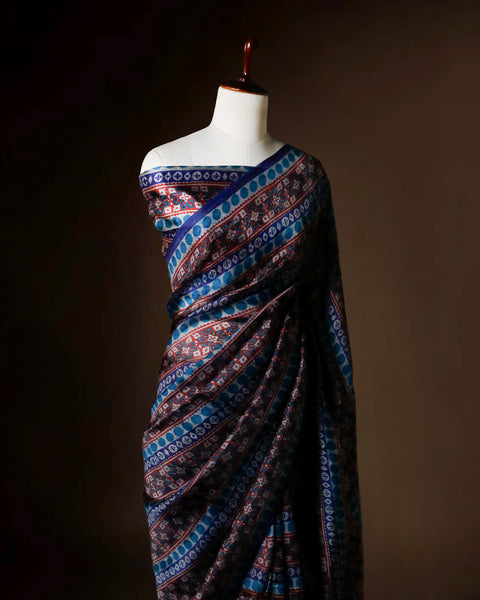 Elegant Blue & Maroon Printed Organza Saree | Premium Lightweight Designer Saree for Women – UDDUP Silk