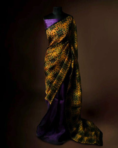 Mustard Yellow Floral Organza Saree with Purple Pallu | Lightweight Designer Party Wear Saree for Women – UDDUP Silk