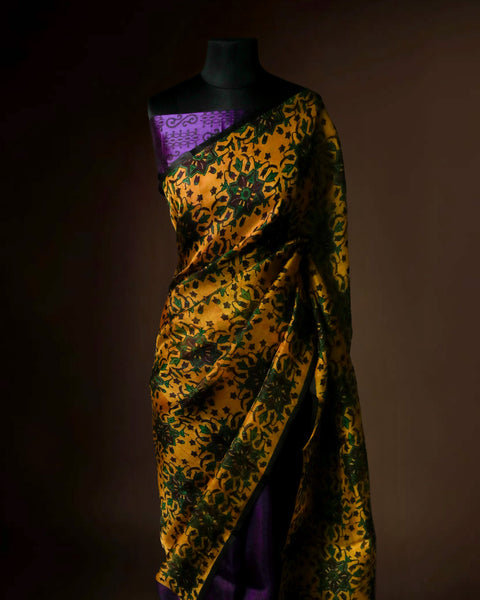 Mustard Yellow Floral Organza Saree with Purple Pallu | Lightweight Designer Party Wear Saree for Women – UDDUP Silk