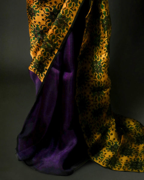 Mustard Yellow Floral Organza Saree with Purple Pallu | Lightweight Designer Party Wear Saree for Women – UDDUP Silk