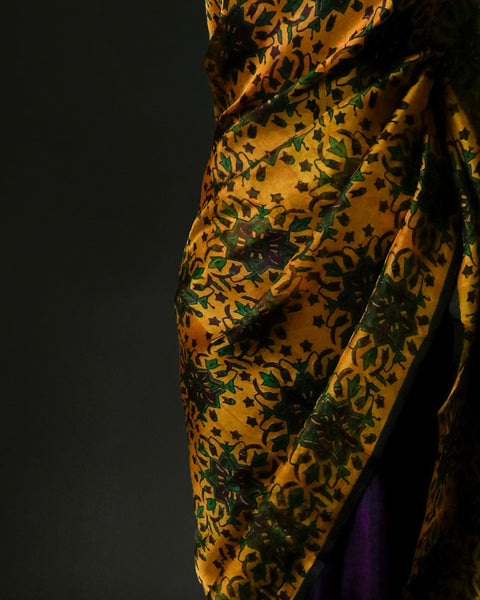 Mustard Yellow Floral Organza Saree with Purple Pallu | Lightweight Designer Party Wear Saree for Women – UDDUP Silk