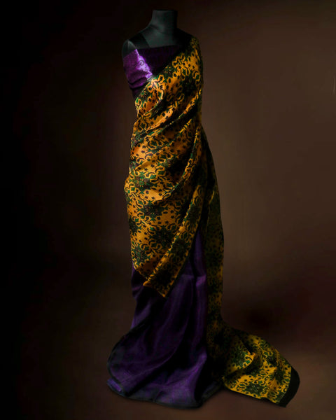Mustard Yellow Floral Organza Saree with Purple Pallu | Lightweight Designer Party Wear Saree for Women – UDDUP Silk