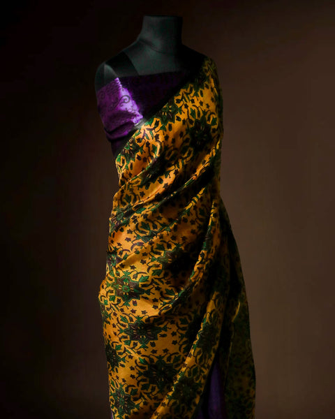 Mustard Yellow Floral Organza Saree with Purple Pallu | Lightweight Designer Party Wear Saree for Women – UDDUP Silk