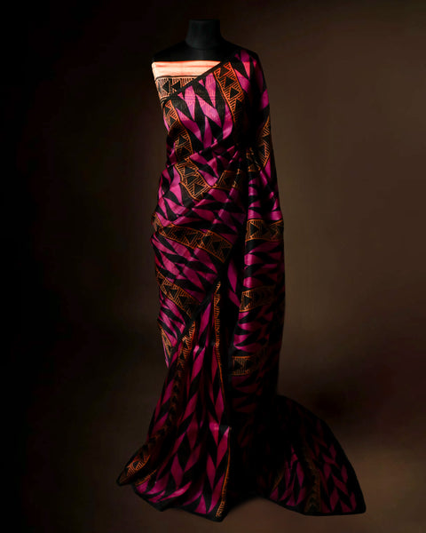 Magenta & Black Geometric Printed Organza Silk Saree – Uddup Silk