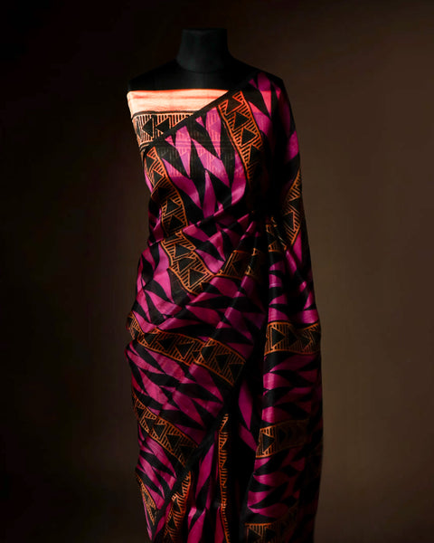Magenta & Black Geometric Printed Organza Silk Saree – Uddup Silk