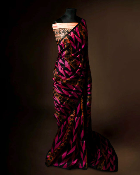 Magenta & Black Geometric Printed Organza Silk Saree – Uddup Silk