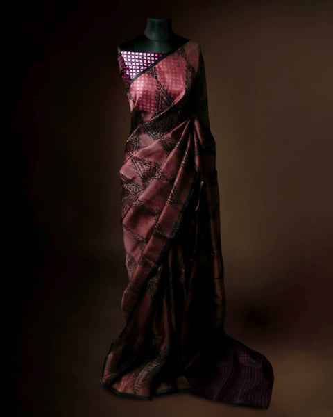Designer Organza Saree with Traditional Tribal Print and Sleek Black Border