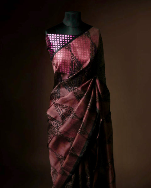 Designer Organza Saree with Traditional Tribal Print and Sleek Black Border