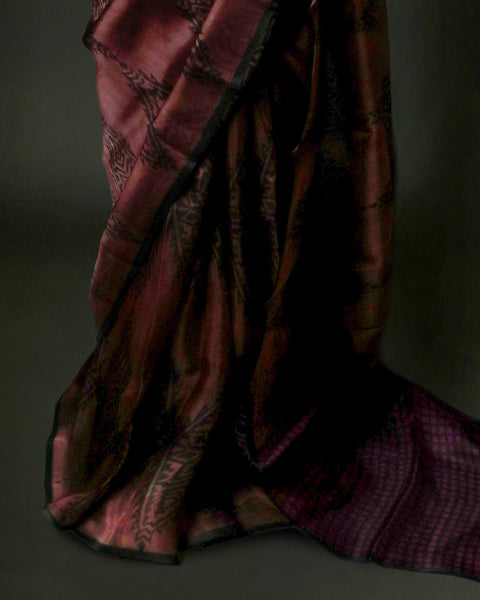 Dusty Rose & Midnight Black Geometric Organza Saree – Uddup Silk Exclusive
