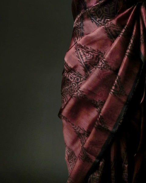 Designer Organza Saree with Traditional Tribal Print and Sleek Black Border