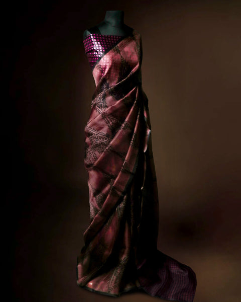 Dusty Rose & Midnight Black Geometric Organza Saree – Uddup Silk Exclusive