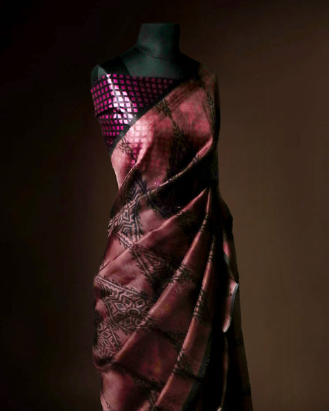 Dusty Rose & Midnight Black Geometric Organza Saree – Uddup Silk Exclusive