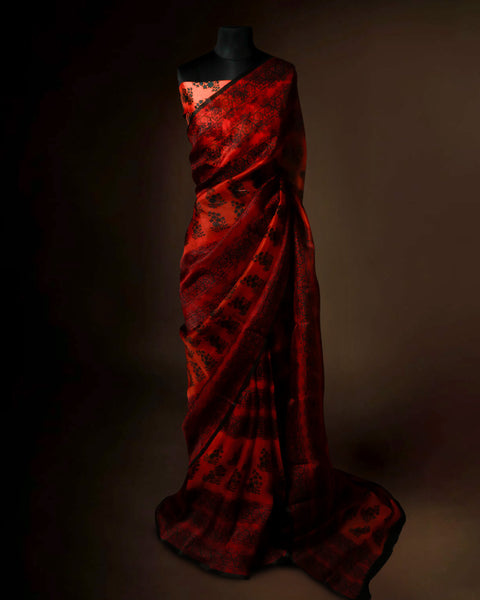 Crimson Red & Charcoal Black Designer Organza Saree with Ornate Floral Motifs – Uddup Silk Exclusive