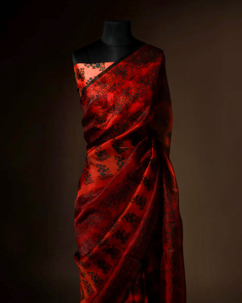 Crimson Red & Charcoal Black Designer Organza Saree with Ornate Floral Motifs – Uddup Silk Exclusive