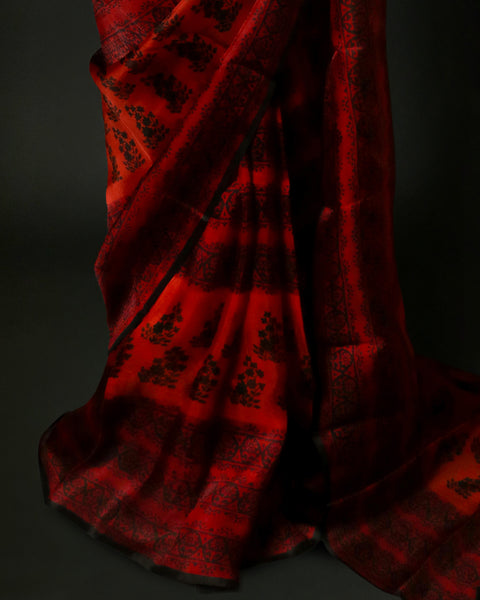 Crimson Red & Charcoal Black Designer Organza Saree with Ornate Floral Motifs – Uddup Silk Exclusive
