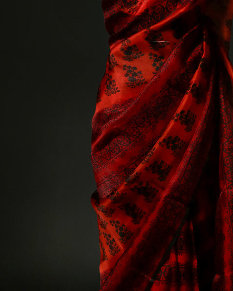 Crimson Red & Charcoal Black Designer Organza Saree with Ornate Floral Motifs – Uddup Silk Exclusive