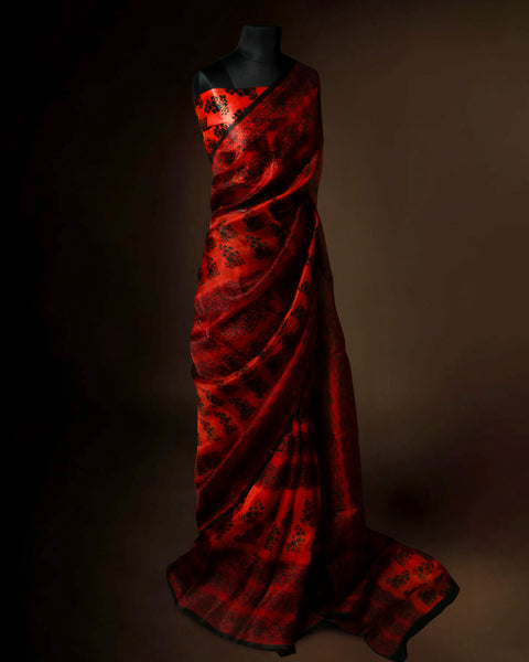 Crimson Red & Charcoal Black Designer Organza Saree with Ornate Floral Motifs – Uddup Silk Exclusive