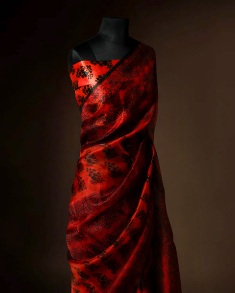 Crimson Red & Charcoal Black Designer Organza Saree with Ornate Floral Motifs – Uddup Silk Exclusive