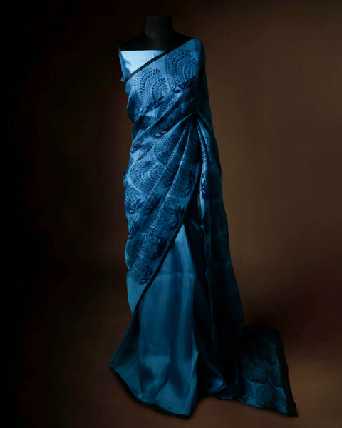 Royal Ocean Blue Organza Saree with Midnight Navy Paisley Motifs – Uddup Silk Exclusive