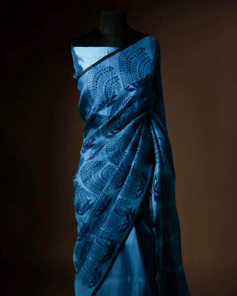 Royal Ocean Blue Organza Saree with Midnight Navy Paisley Motifs – Uddup Silk Exclusive