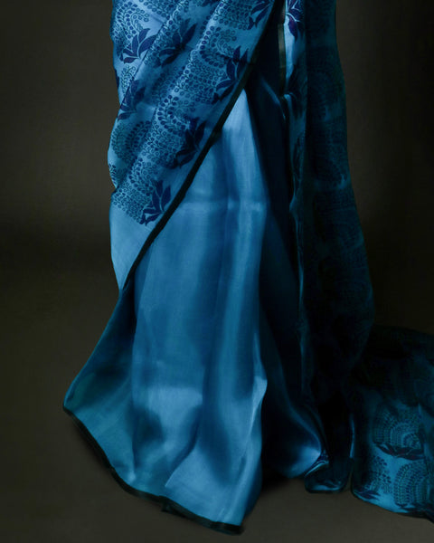 Royal Ocean Blue Organza Saree with Midnight Navy Paisley Motifs – Uddup Silk Exclusive