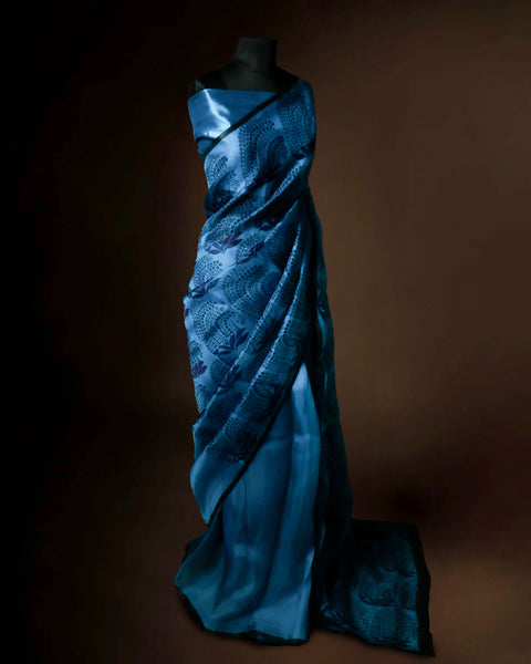 Royal Ocean Blue Organza Saree with Midnight Navy Paisley Motifs – Uddup Silk Exclusive