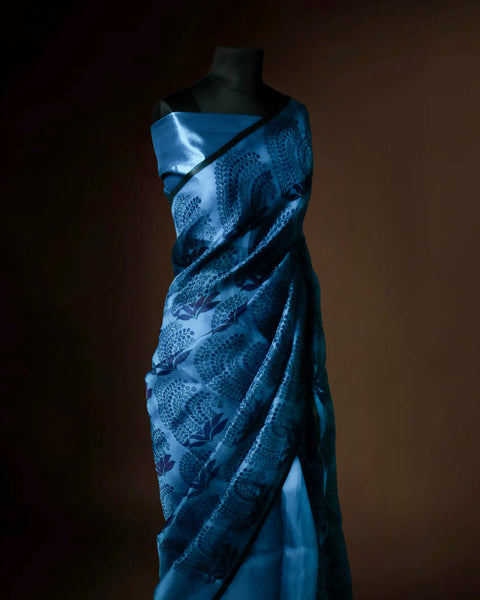 Royal Ocean Blue Organza Saree with Midnight Navy Paisley Motifs – Uddup Silk Exclusive
