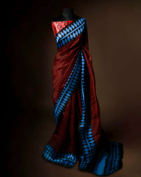 Crimson Red & Electric Blue Geometric Organza Saree with Diamond Motif Border – Uddup Silk Exclusive