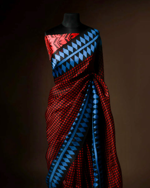 Crimson Red & Electric Blue Geometric Organza Saree with Diamond Motif Border – Uddup Silk Exclusive