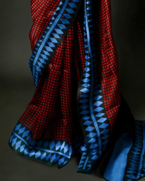 Crimson Red & Electric Blue Geometric Organza Saree with Diamond Motif Border – Uddup Silk Exclusive