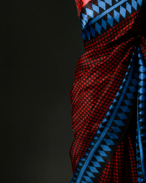 Crimson Red & Electric Blue Geometric Organza Saree with Diamond Motif Border – Uddup Silk Exclusive