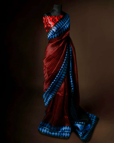 Crimson Red & Electric Blue Geometric Organza Saree with Diamond Motif Border – Uddup Silk Exclusive