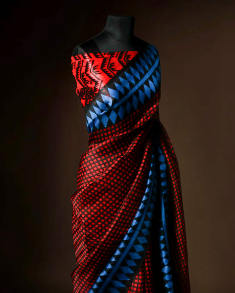 Crimson Red & Electric Blue Geometric Organza Saree with Diamond Motif Border – Uddup Silk Exclusive