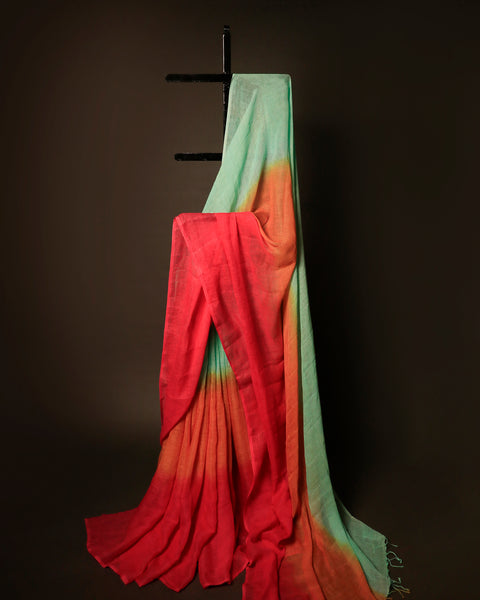 Uddup Skies Sky Blue and Red Linen Shaded Saree