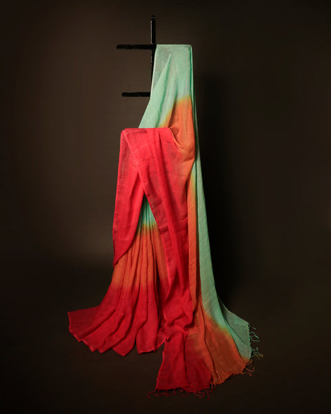 Uddup Skies Sky Blue and Red Linen Shaded Saree