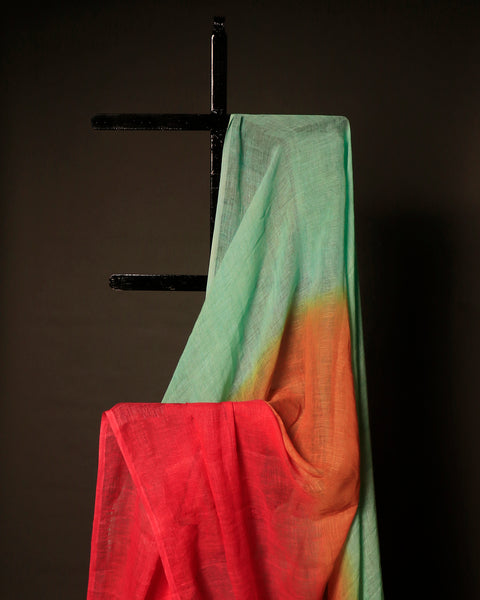 Uddup Skies Sky Blue and Red Linen Shaded Saree