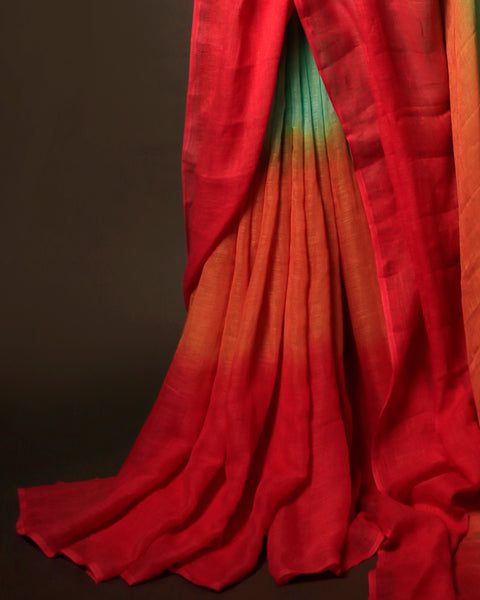 Uddup Skies Sky Blue and Red Linen Shaded Saree