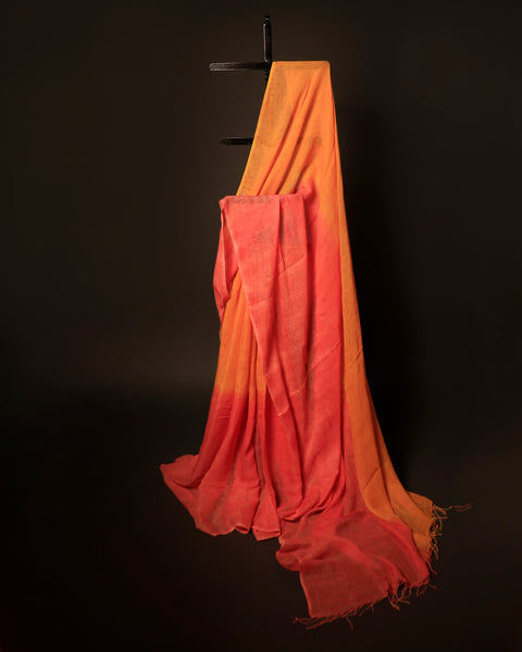 Sunset Bloom Orange and Pink Linen Shaded Saree