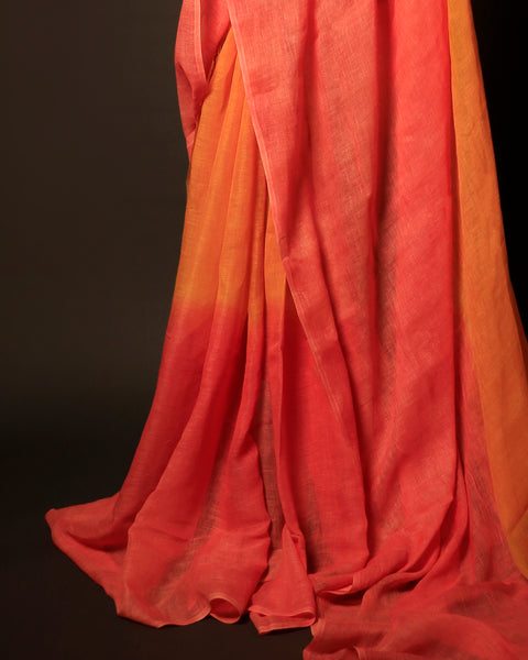 Sunset Bloom Orange and Pink Linen Shaded Saree