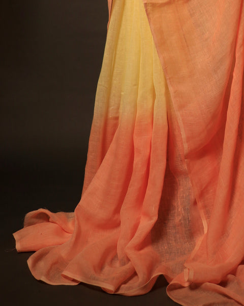 Sunset Citrine Yellow and Orange Linen Shaded Saree