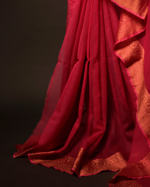 Pink Petal Pink Kota Cotton Zari Plain Saree, Bottom side close up